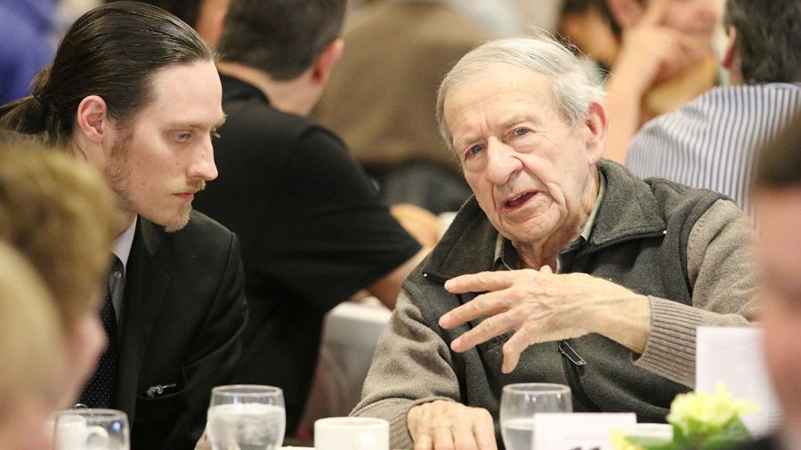 Selkirk College alumnus Darren Paterson (left) at the Bursary Tea in 2016 where he received financial support from community donors.