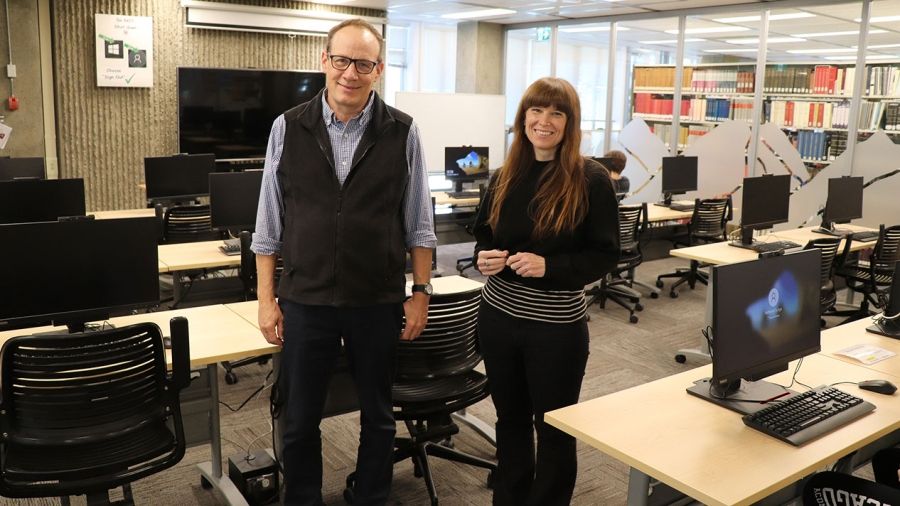 Selkirk College librarians Gregg Currie (left) and Sarah James (right) have been welcoming students to dive deeper into their studies in the new computer lab on the Castlegar Campus. 