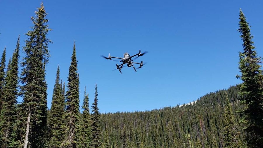 The Selkirk College DJI M300 flying a LiDAR sensor in subalpine.